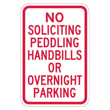 No Soliciting Peddling Handbills Or Overnight Parking