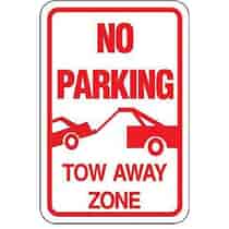 No Parking Tow Away Zone with Car Being Towed Sign