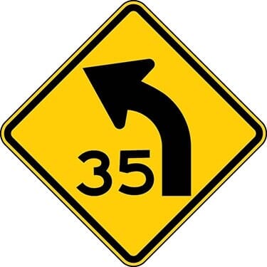 Left Curve Symbol with Advisory Speed, Diamond Sign