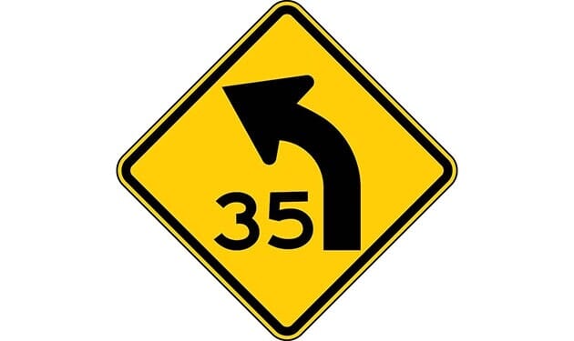 Left Curve Symbol with Advisory Speed, Diamond Sign