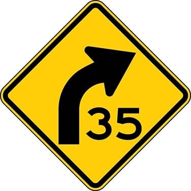 Right Curve Symbol with Advisory Speed, Diamond Sign