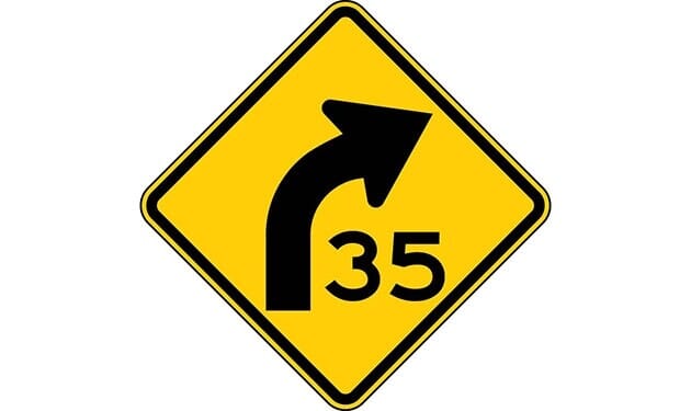 Right Curve Symbol with Advisory Speed, Diamond Sign