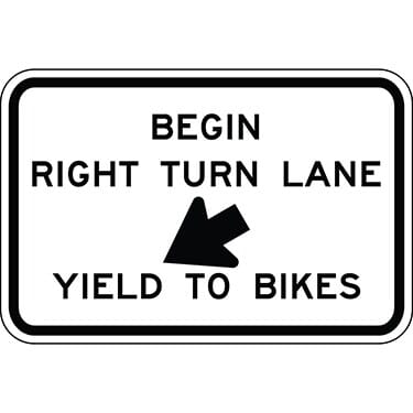 Begin Right Turn Lane, Yield to Bikes with Down Arrow Sign
