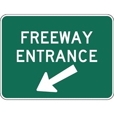 Freeway Entrance with Left Oblique Arrow Sign