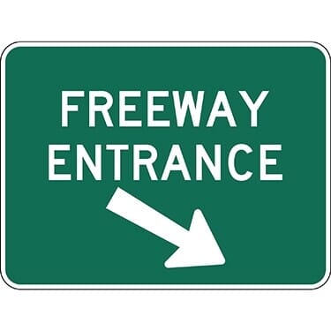 Freeway Entrance with Right Oblique Arrow Sign