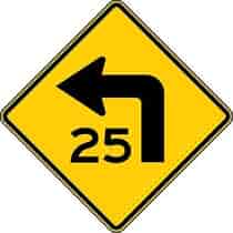 Combination of Left Turn Symbol and Speed Advisory Sign