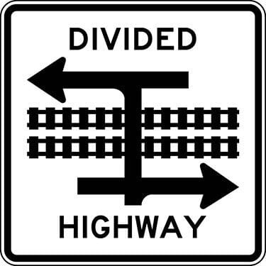 Divided Highway With Light Rail Transit Crossing T-Intersection Sign