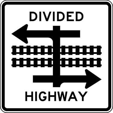 Divided Highway With Light Rail Transit Crossing Symbol Sign