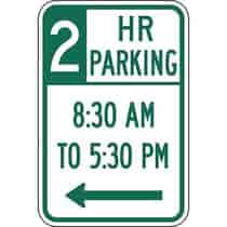 Two Hour Parking with Times 8:30 A.M. to 5:30 P.M. and Left Arrow Sign