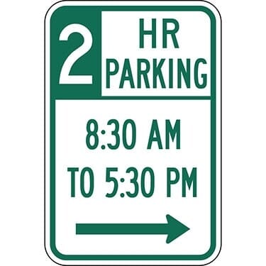Two Hour Parking with Times 8:30 A.M. to 5:30 P.M. and Right Arrow Sign