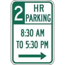 Two Hour Parking with Times 8:30 A.M. to 5:30 P.M. and Right Arrow Sign
