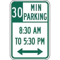 30 Minute Parking with Times 8:30 A.M. to 5:30 P.M. and Double Arrow Sign