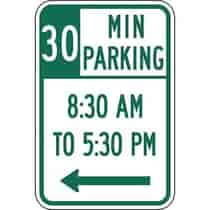 30 Minute Parking with Times 8:30 A.M. to 5:30 P.M. and Left Arrow Sign