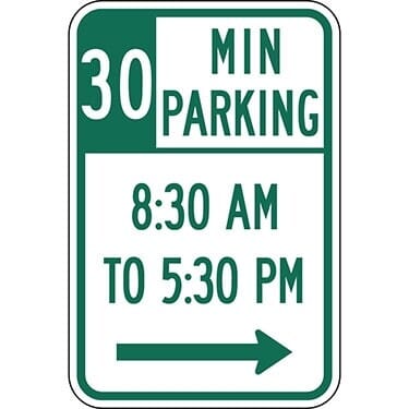 30 Minute Parking with Times 8:30 A.M. to 5:30 P.M. and Right Arrow Sign