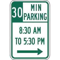 30 Minute Parking with Times 8:30 A.M. to 5:30 P.M. and Right Arrow Sign