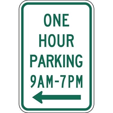 One Hour Parking with Specific Times 9 A.M to 7 P.M. with Left Arrow Sign