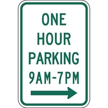 One Hour Parking with Specific Times 9 A.M to 7 P.M. with Right Arrow Sign