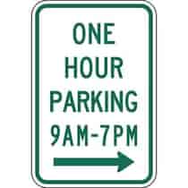 One Hour Parking with Specific Times 9 A.M to 7 P.M. with Right Arrow Sign